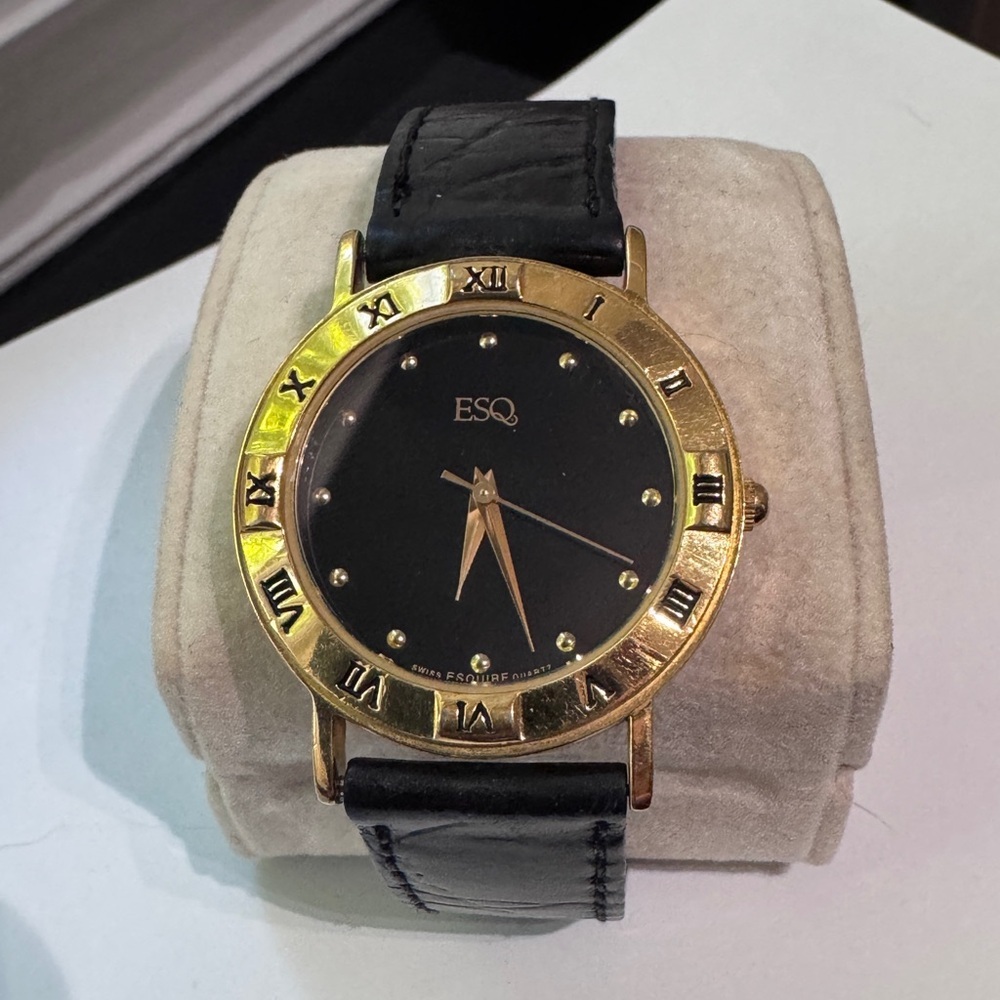 ✨ Vintage ESQ by Movado Swiss Quartz Watch | Gold Tone Black Dial Leather Strap